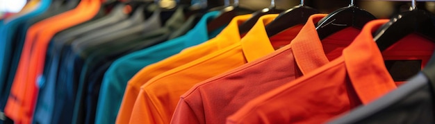 Un assortiment de polos colorés soigneusement exposés sur des cintres dans un magasin de détail moderne