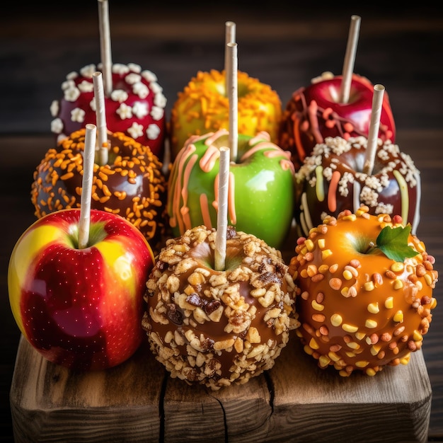 Un assortiment de pommes au caramel enrobées de bonbons colorés et de noix