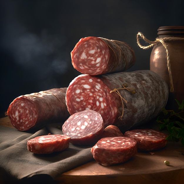 Assortiment de saucisses fumées sur fond sombre avec espace de copie