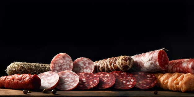 Assortiment de saucisses fumées sur fond sombre