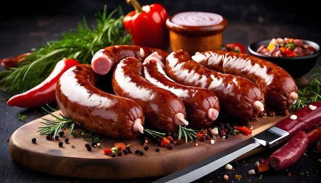 Assortiment de saucisses de porc et de bœuf crues sur un couteau à viande isolé à fond blanc