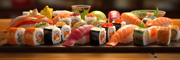 Assortiment de sushis nigiri et makis grand ensemble sur ardoise Une variété de sushis japonais au thon crabe saumon