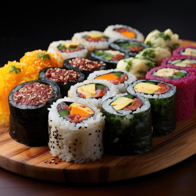 Assortiment de sushis sur un plateau en bois aux couleurs riches et fusion multiculturelle