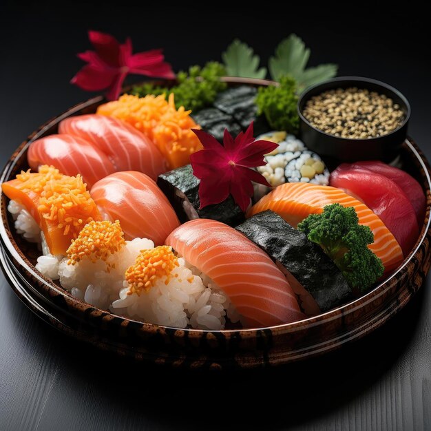 Assortiment de sushis sur des plateaux en bois aux couleurs et motifs audacieux