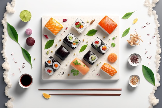 Assortiment de sushis présenté sur un fond de béton blanc Pour le texte uniquement, les rouleaux de sushi, la sauce soja, le gingembre et les baguettes sont tous japonais et recherchent des sushis Igiri japonais pour le déjeuner ou le dîner f