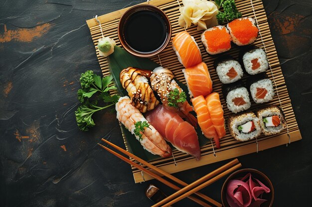 Assortiment de sushis et de sashimis japonais à plat