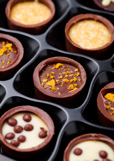 Assortiment de variétés de bonbons de luxe au chocolat blanc et noir dans un plateau en plastique noir