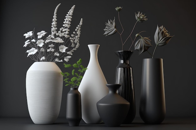 Assortiment de vases en bois et en céramique pour décorer l'intérieur d'une maison ou d'un appartement