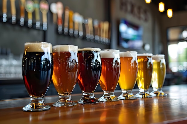 Photo assortiment de verres de bière artisanaux sur le comptoir de bar en bois rustique dans l'intérieur d'un pub confortable