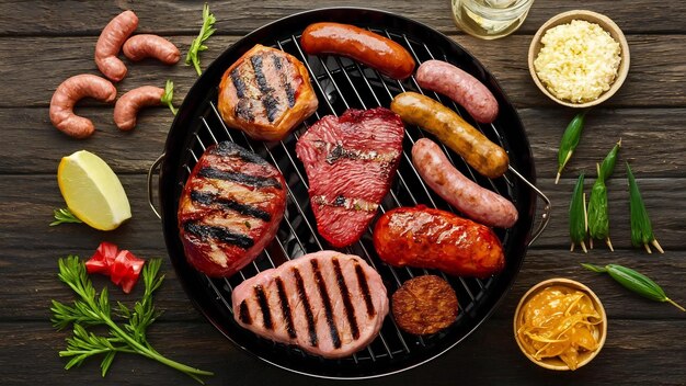 Assortiment de viandes marinées et de saucisses grillées sur barbecue sur fond de bois