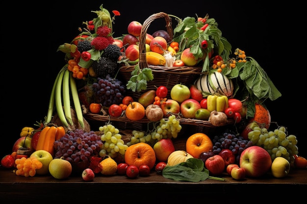 Un assortiment vibrant de fruits frais et juteux entassés sur une table en bois prêts à être dégustés Une corne d'abondance débordante de fruits et légumes de saison générés par l'IA