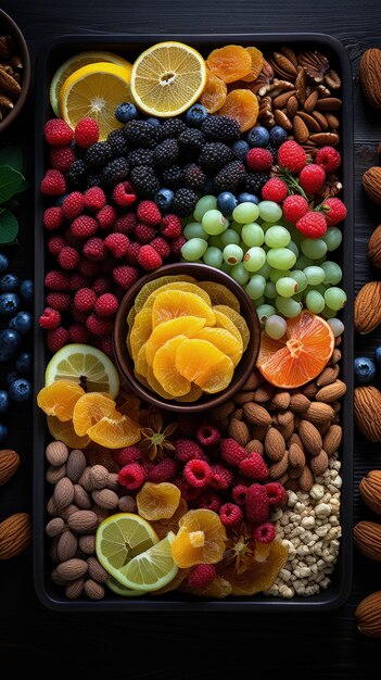 Photo assortiment vibrant de fruits frais et secs présentés en full hd