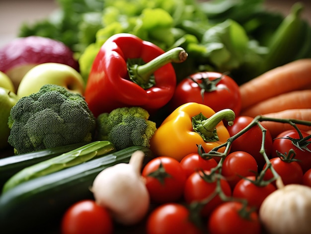 Assortiment vibrant de légumes et de fruits frais sur une table amélioré par l'IA générative