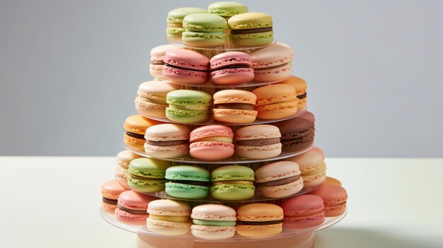 un assortiment vibrant de macarons dans des teintes pastel disposés dans une tour délicate