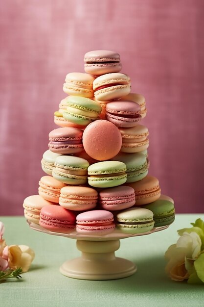 un assortiment vibrant de macarons dans des teintes pastel disposés dans une tour délicate