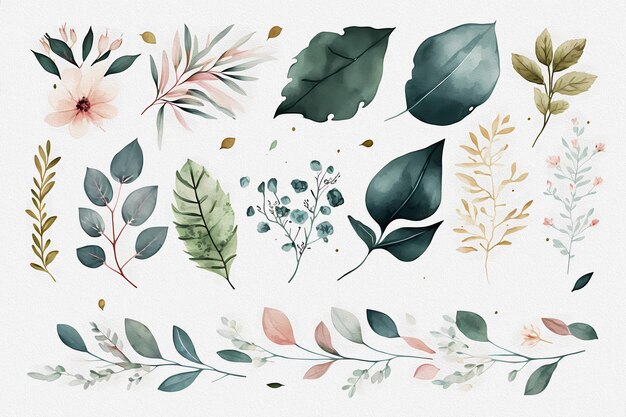 Photo assortment of watercolor leaves and flowers generative ai illustration