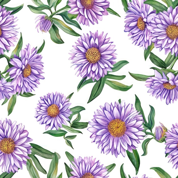 Aster aquarelle avec motif sans couture de fond de feuilles