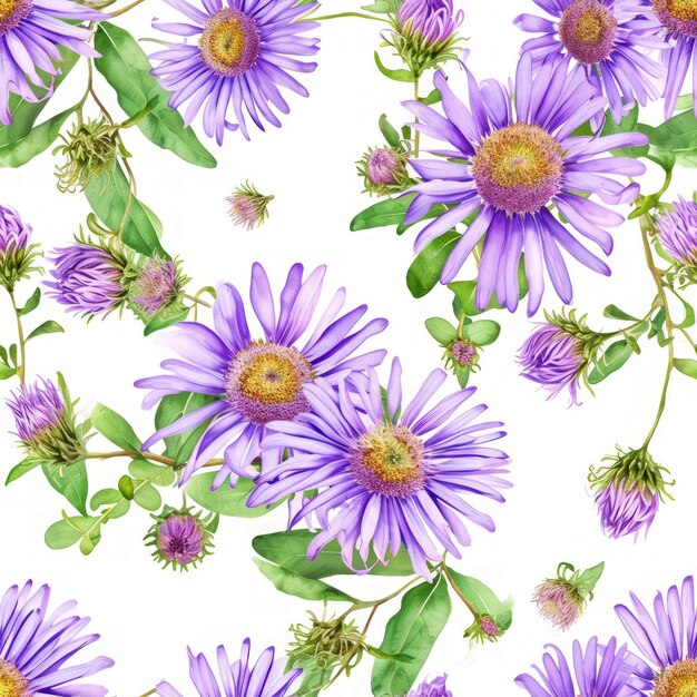 Aster aquarelle avec motif sans couture de fond de feuilles