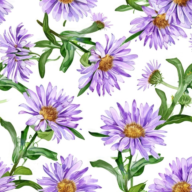 Aster aquarelle avec motif sans couture de fond de feuilles