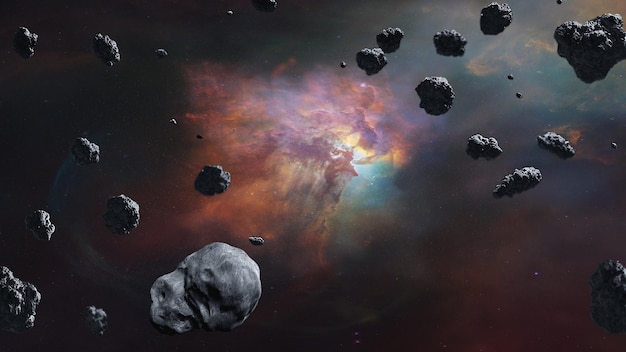 Astéroïdes dans l'espace extra-atmosphérique sur fond de nébuleuse avec starlight