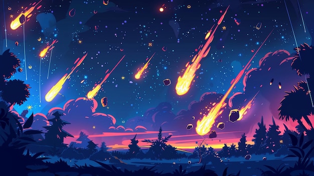 Photo astéroïdes météorites ou pluie de météores tombant sur la terre ou sur une planète extraterrestre fin de l'ère jurassique comètes tombant sur une planète alien dessin animé illustration moderne