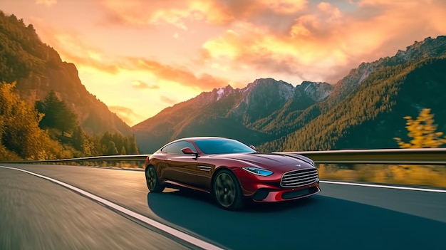 L'Aston Martin rouge roule sur une route avec des montagnes en arrière-plan.