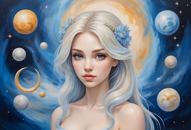 Astrologie une peinture d'une femme aux yeux bleus et une fleur bleue dans les cheveux