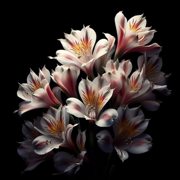 Photo astromelia isolée sur fond noir fleurs et plantes au printemps générées par l'ia