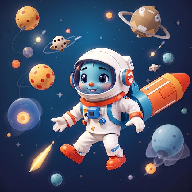 Astronaute adorable flottant avec une fusée dans l'espace Illustration vectorielle de dessin animé