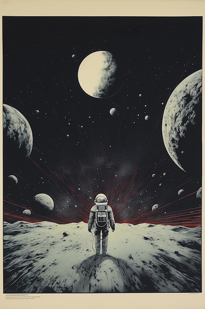 Astronaute sur l'affiche rétro de la planète