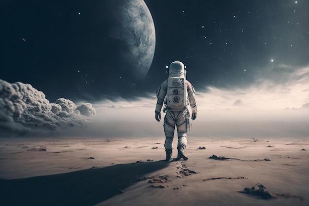Astronaute ai génératif explorant la planète en regardant l'espace extra-atmosphérique