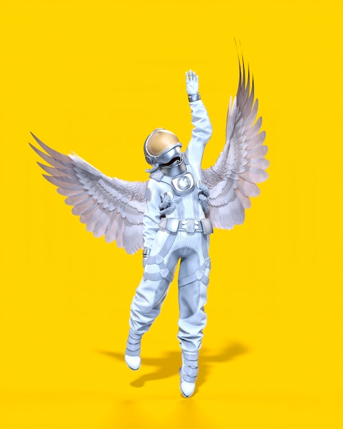 Astronaute avec des ailes, fond jaune. illustration 3D