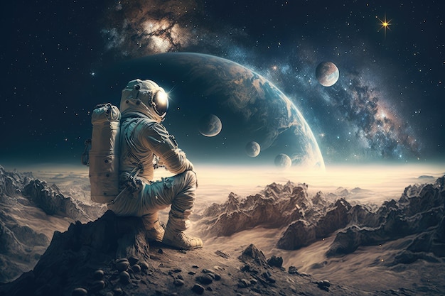 Astronaute artistique dans un environnement en apesanteur regardant les planètes et les étoiles lointaines