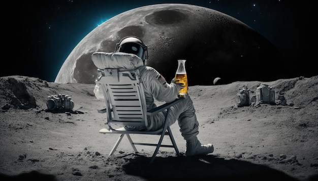 Astronaute assis sur une chaise et buvant de la bière AI générative