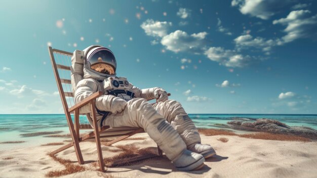 Un astronaute assis sur une chaise sur la plage se détend