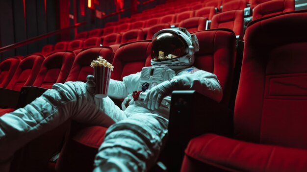 Astronaute assis dans une chaise de cinéma rouge dans un cinéma avec du pop-corn sur ses genoux