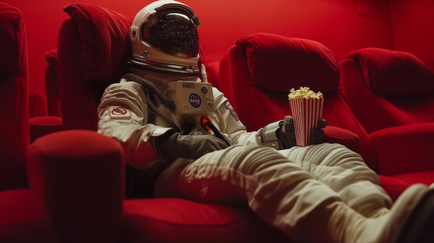 Astronaute assis dans une chaise de cinéma rouge dans un cinéma avec du pop-corn sur ses genoux