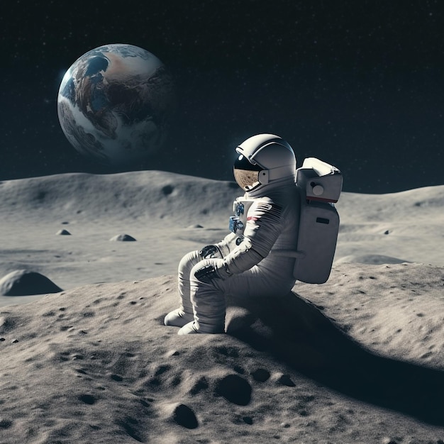 astronaute assis sur le dos sur la lune