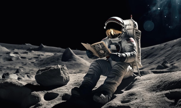 Un astronaute assis sur la lune en lisant un livre