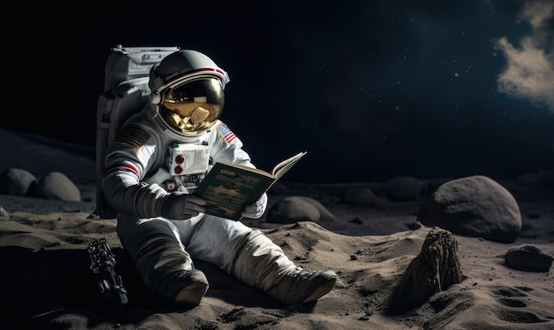 Un astronaute assis sur la lune en lisant un livre