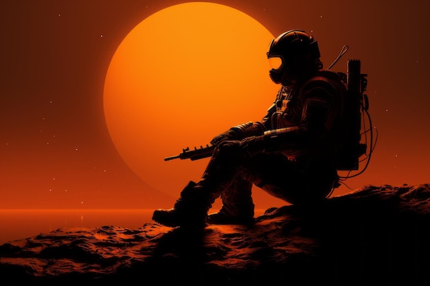 un astronaute assis sur un rocher devant un coucher de soleil orange