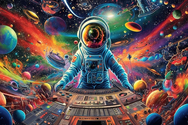 Astronaute astronaute en combinaison spatiale diffusant la musique Funky années 70 illustration générative ai