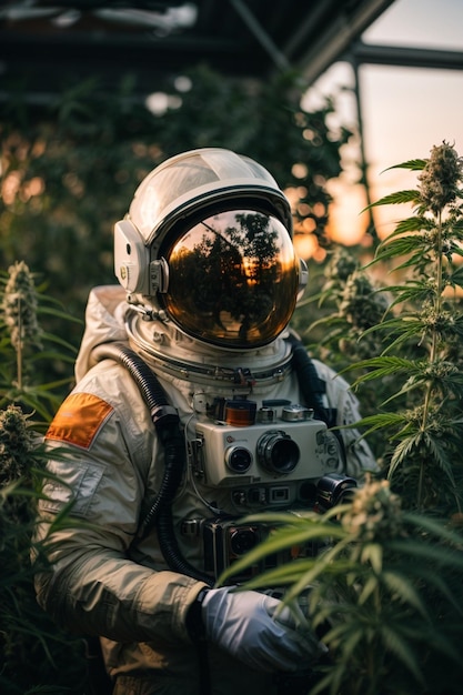 Photo un astronaute au coucher de soleil avec beaucoup de plantes de cannabis