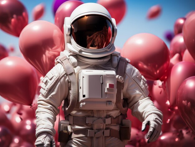 Astronaute au milieu de ballons roses flottants avec une toile de fond cosmique surréaliste Romance dans l'espace concept IA générative