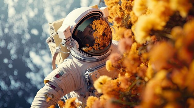 Astronaute d'aventure cosmique avec une fleur en gravité zéro générée par l'IA