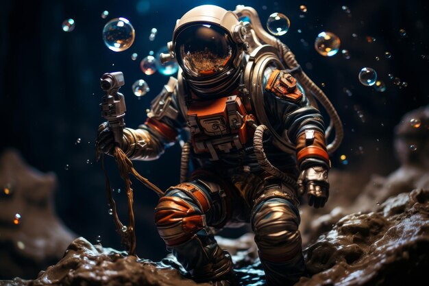 Astronaute d'aventure sur une exoplanète dans une galaxie à bulles vibrante concept d'art pop pour l'exploration spatiale