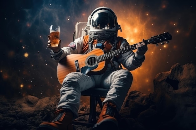 Astronaute avec de la bière sur une autre planète Le concept de relaxation illimitée Generative AI