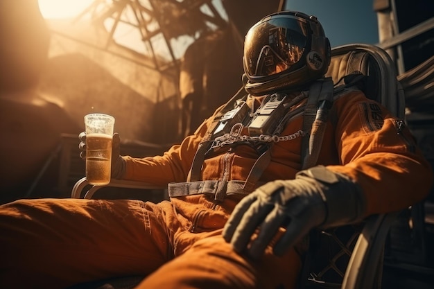 Astronaute avec de la bière sur une autre planète Le concept de relaxation illimitée Generative AI