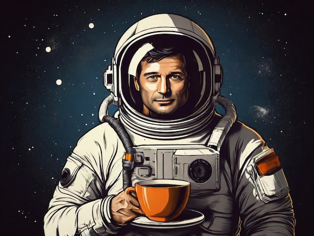 astronaute boit du café ou du thé chaud dans l'espace sur le fond d'autres planètes et étoiles se reposant du travail sur un voyage vers d'autres galaxies Illustration dans le style de bande dessinée vintage