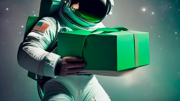 Photo un astronaute avec des boîtes de carton flottantes livrant des marchandises réalistes